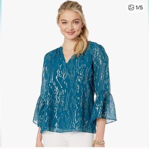Lilly Pulitzer Matilda Silk Top Teal Gold Fleck Bell sleeves Size S